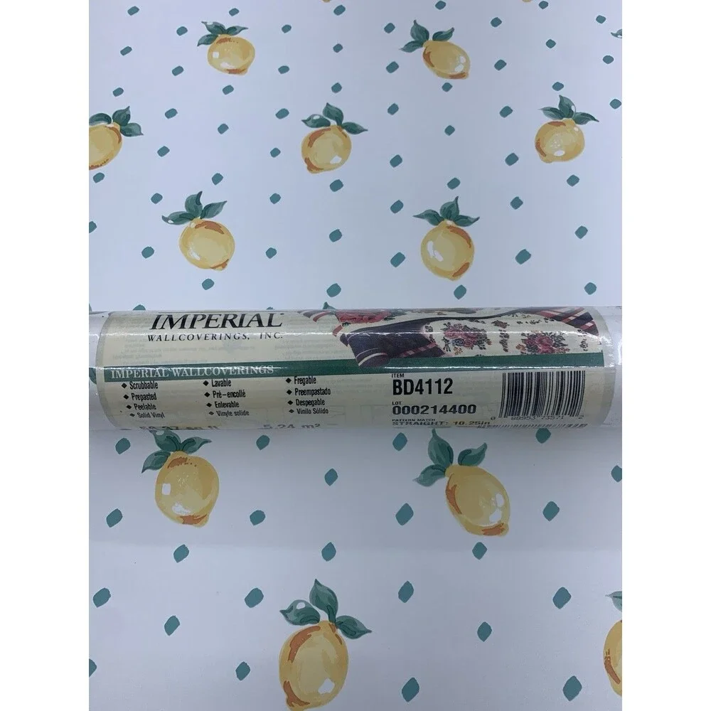 Vintage Wallpaper Citrus Lemons Green Leaves Fruit on White Background.